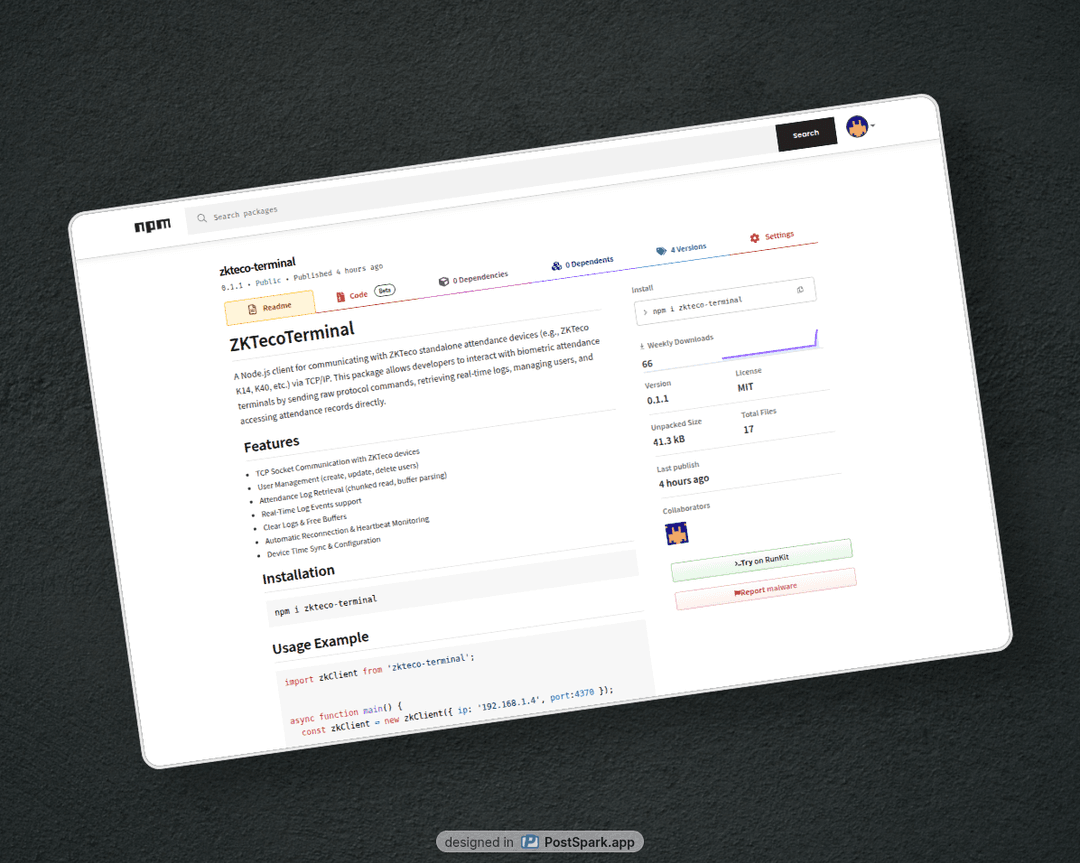 zkteco-terminal – ZKTeco TCP SDK (NPM)